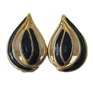 Monet Teardrop Black Enamel and Gold Tone‎ Clip-On Earrings